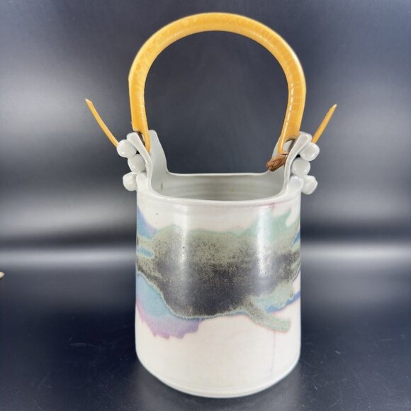 Studio Art Pottery Basket Vase With Wood Handle Artist Signed Ceramic Vintage - Picture 7 of 16